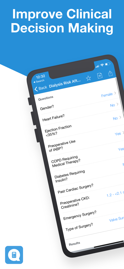 Calculate by QxMD app interface showing a dialysis risk clinical decision support tool on a smartphone