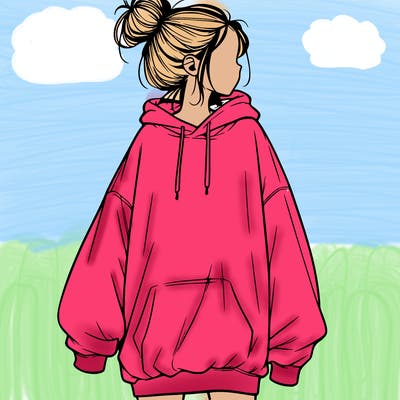 realistic girl with a oversized sweatshirt on and a bun