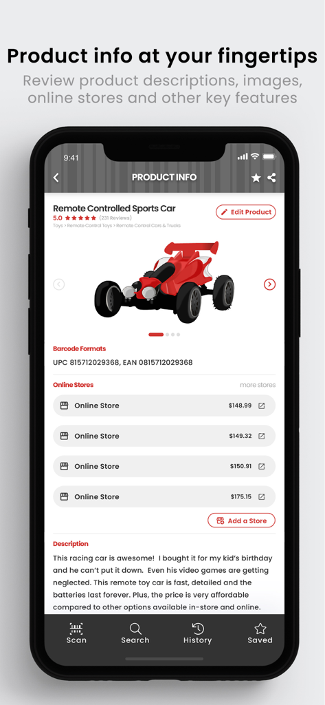 Barcode Lookup - Screenshot of the Barcode Lookup app showing price comparisons and product details for a remote controlled car
