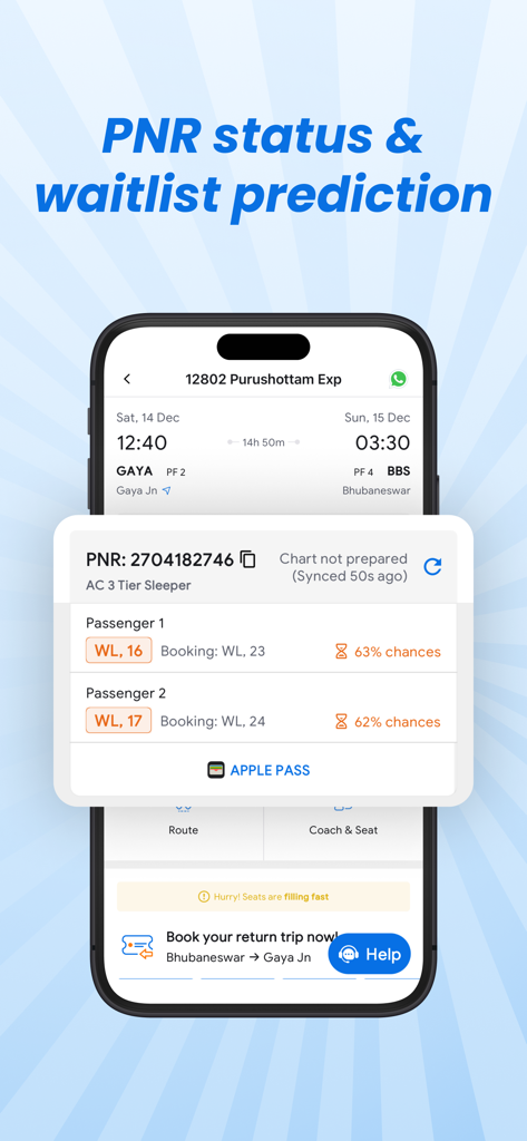 ixigo Trains: Ticket Booking - ixigo Trains app interface showing PNR status and waitlist confirmation probability for Indian Railways.