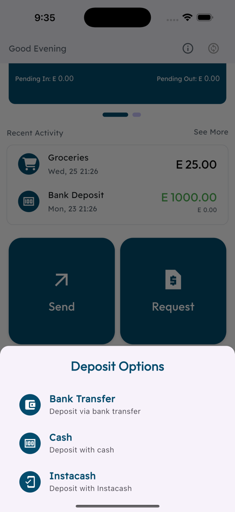 DeltaPay Eswatini mobile app interface showing deposit options for bank transfer cash and Instacash