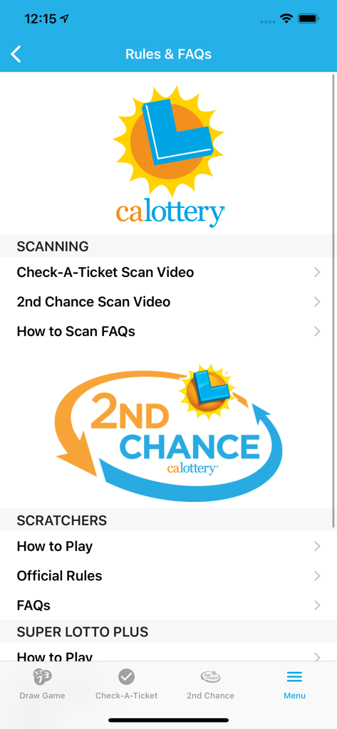 CA Lottery Official App - 캘리포니아 복권 공식 앱의 규칙 및 FAQ 화면