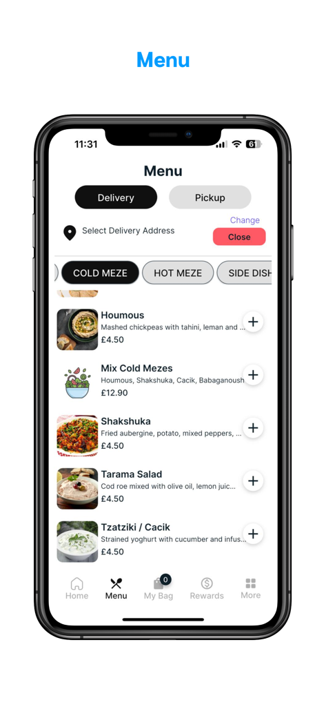 Écran de menu de l'application mobile Cheese and Pasta Co affichant les options d'entrées et les paramètres de livraison sur un iPhone