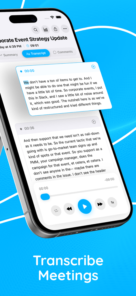 Voice Notes‎ - A smartphone screen displaying a meeting transcription with text blocks and audio playback controls in the Voice Notes app.