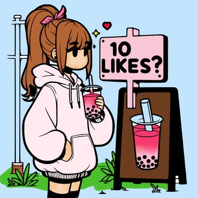 girl with oversized hoodie drinking boba and she has a high ponytail with a sign that says 10likes?