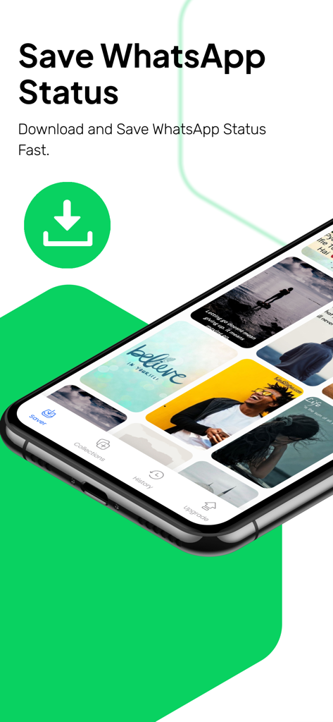 An iPhone displaying the Status Saver app interface with a gallery of saved social media videos and images