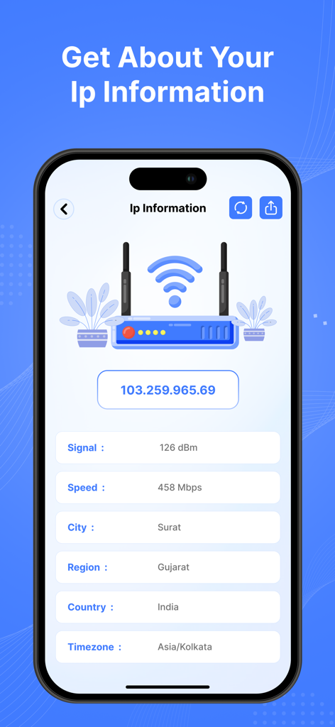 Uno schermo mobile che mostra informazioni IP dettagliate, inclusa la potenza del segnale e la velocità nell'app "Tutte le Password WiFi del Router".