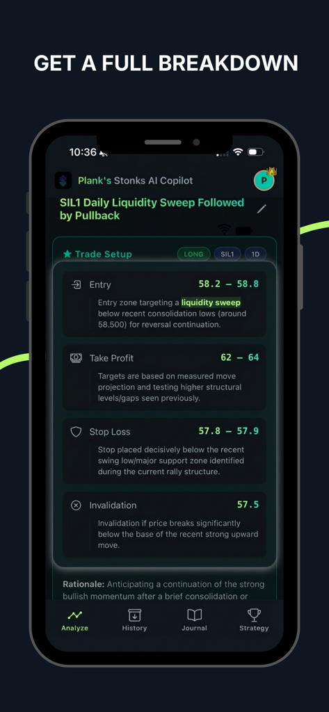 Stonks AI - Uma interface de aplicativo móvel do Stonks AI mostrando uma configuração de negociação detalhada com níveis de entrada e take profit