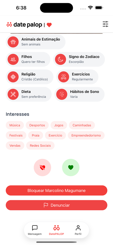 DatePALOP - A user profile screen on the DatePALOP dating app displaying lifestyle details and cultural interest tags.