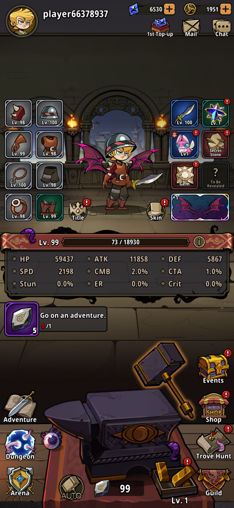 Smithing Master - Smithing Master Gameplay zeigt Charakterausrüstung und den Schmiedeamboss.