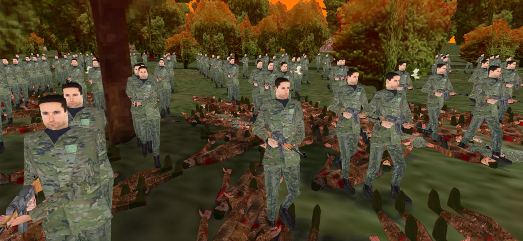 Zombie Battle 3D - A large group of soldiers in camouflage standing on a battlefield over fallen bodies