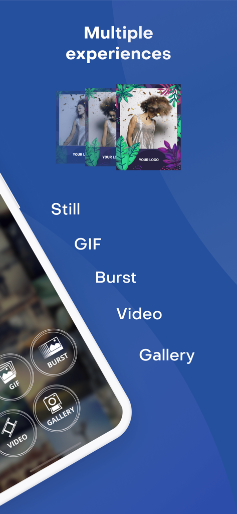 Snappic Booth app menu displaying capture options for Still photos GIFs Burst modes and Videos
