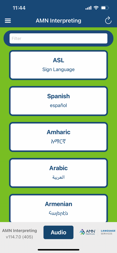 AMN Interpreting app interface showing a list of languages including ASL and Spanish for medical interpretation