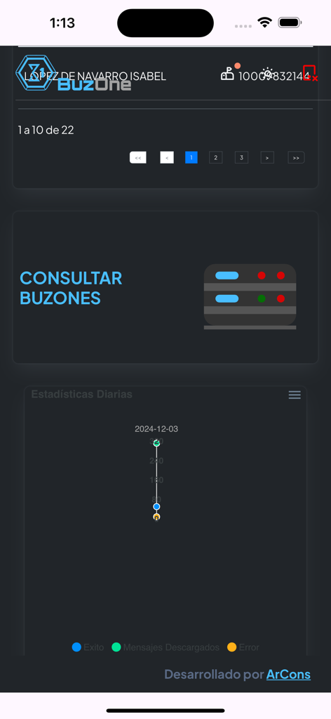 Buzone - Panel de la aplicación móvil Buzone que muestra un gráfico de estadísticas diarias y una sección para consultar bandejas de entrada fiscales para profesionales de la contabilidad