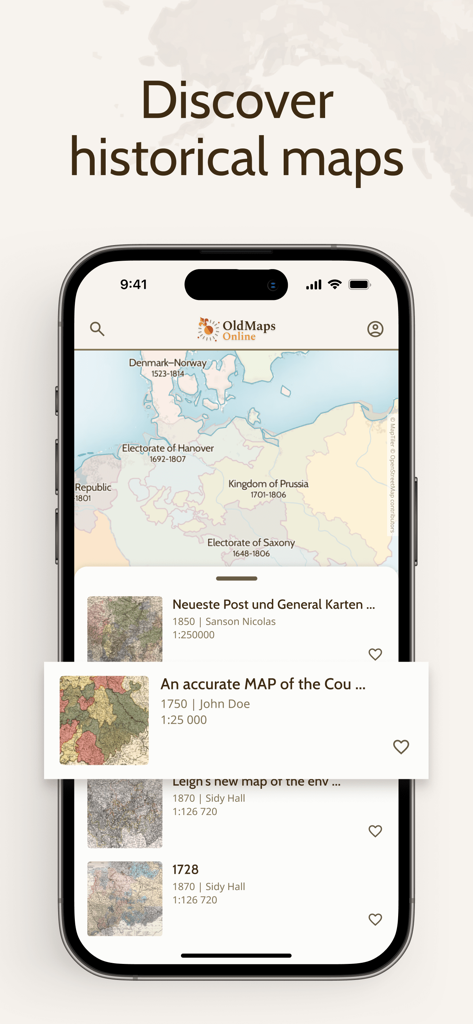 iPhone-Bildschirm mit der Benutzeroberfläche der OldMapsOnline-App, einer historischen Karte und Suchergebnissen aus dem Archiv.