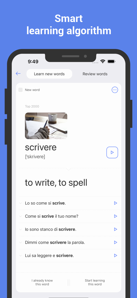 Eine Karteikarte in der italienischen Sprachlern-App, die das Verb scrivere mit seiner englischen Übersetzung und Beispielsätzen zeigt