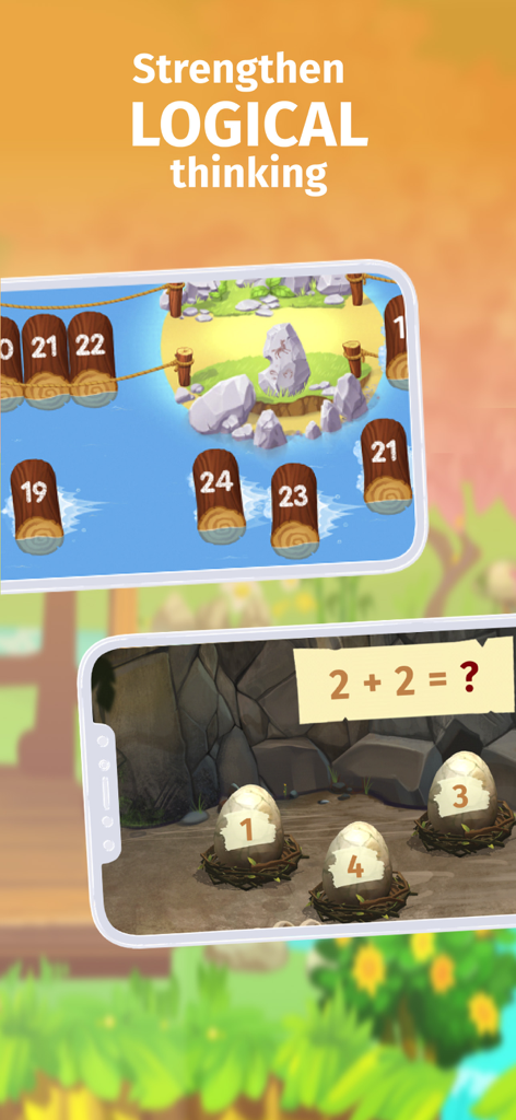 Educational math and logic games for children featuring addition and number sequencing activities