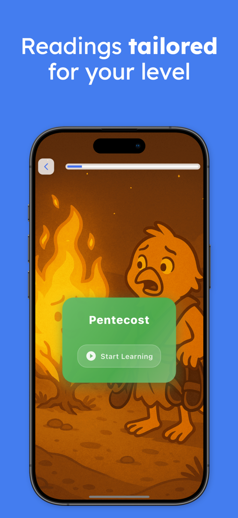 Ascend app interface showing a lesson on Pentecost with a cartoon phoenix character