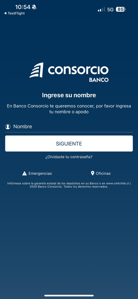 Banco Consorcio - Pantalla de inicio de sesión de la aplicación móvil Banco Consorcio pidiendo el nombre de usuario en un iPhone