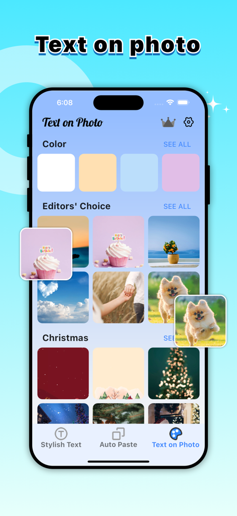 다양한 이미지 템플릿과 색상 사용자 정의 옵션이 있는 사진 위 텍스트 기능인 모바일 앱 인터페이스