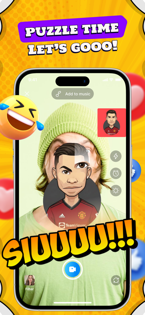 Falling Filter: Challenge - Interface of Falling Filter Challenge app featuring a face puzzle AR filter with a soccer player caricature