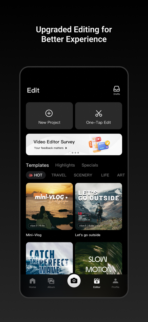 Schermata dell'editor video DJI Mimo che mostra vari modelli creativi e strumenti di editing con un tocco