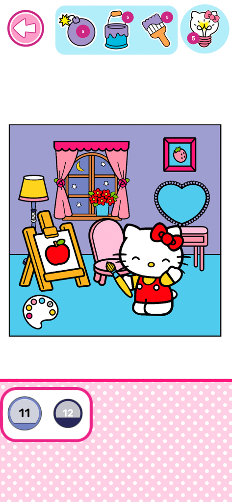 Hello Kitty: Coloring Book - 그림 도구와 번호별 색칠 메뉴가 있는 그림 방의 헬로 키티를 특징으로 하는 디지털 색칠 페이지