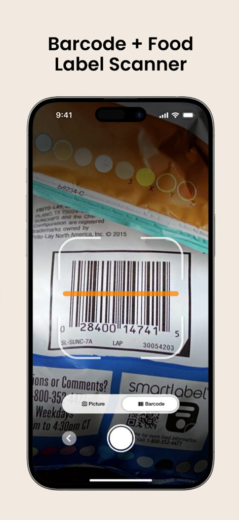 FitHub - AI Calorie Tracker - FitHub app interface showing the barcode and food label scanner feature in action on a smartphone.