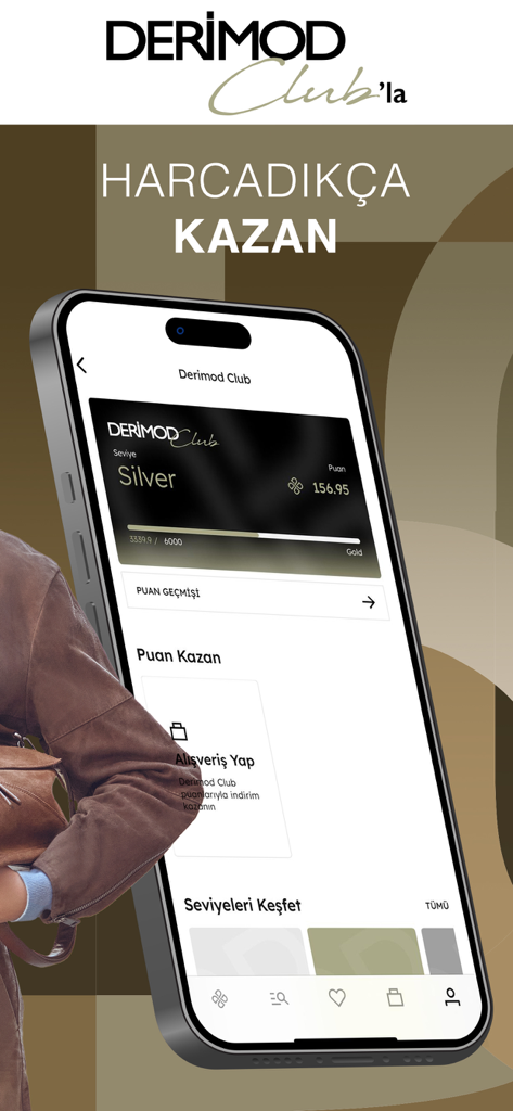 Écran du programme de fidélité du Club Derimod montrant une carte de fidélité de niveau Argent et le suivi des points accumulés