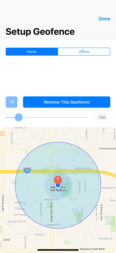 Thermo Watch for Nest & Ecobee - Geofence-Einrichtungsbildschirm mit einer Karte und einem kreisförmigen Radius für Wohn- und Bürostandorte
