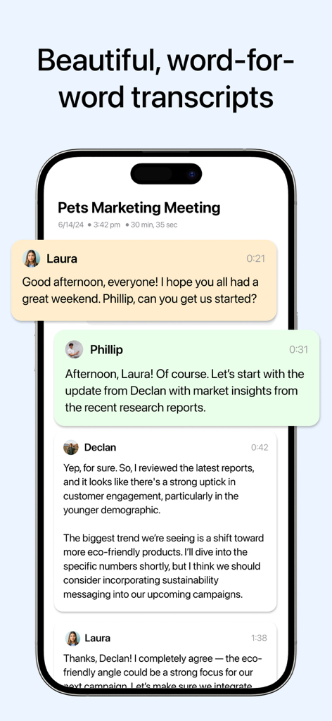 AI-generated meeting transcript with speaker labels on an iPhone screen