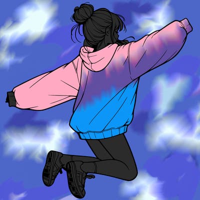 realistic girl jumping with a bun and oversized sweatshirt