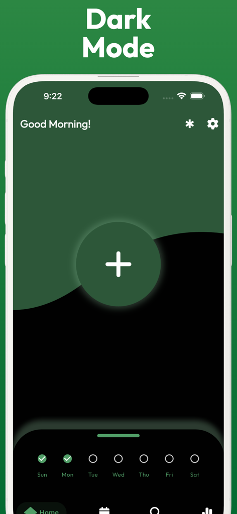 Poop and Bowel Movement Tracker app interface showing the dark mode theme with a large add button and weekly progress
