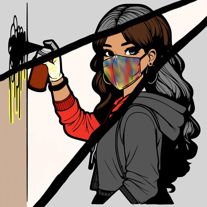 realistic girl with mask spray painting a wall