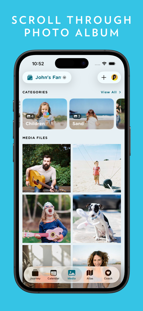 Journey - Diary, Journal - Pantalla de la aplicación Journey mostrando una galería de fotos curada con recuerdos familiares e imágenes de mascotas