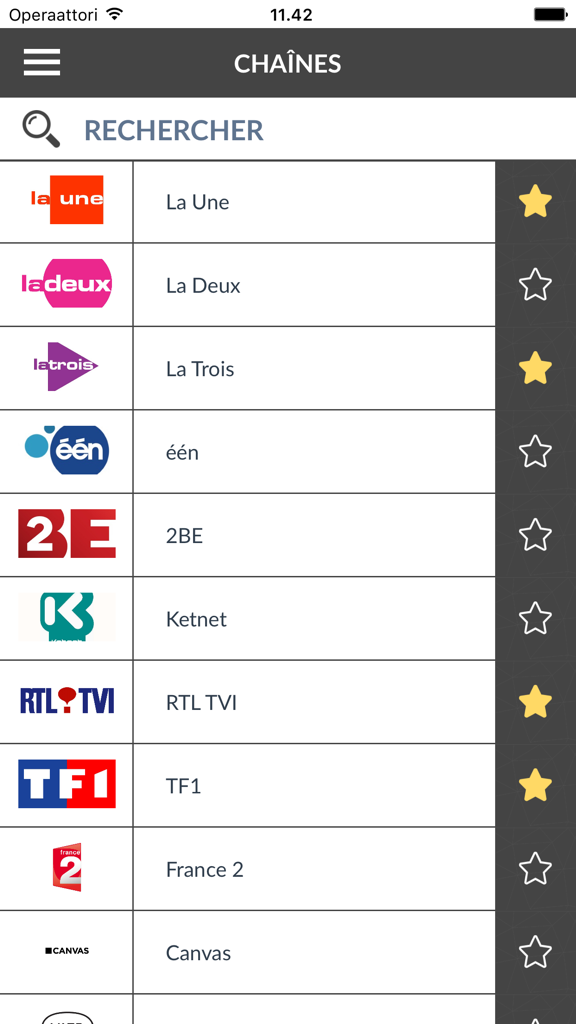 Programme TV Belgique (BE) - Interface d'une application de guide TV belge montrant une liste de chaînes avec des options de favoris