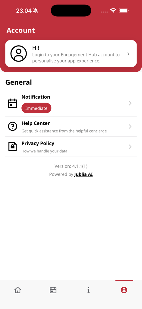 Global Banking & Markets - Configuración de la cuenta de la aplicación de networking Global Banking and Markets que muestra opciones de notificación y ayuda.