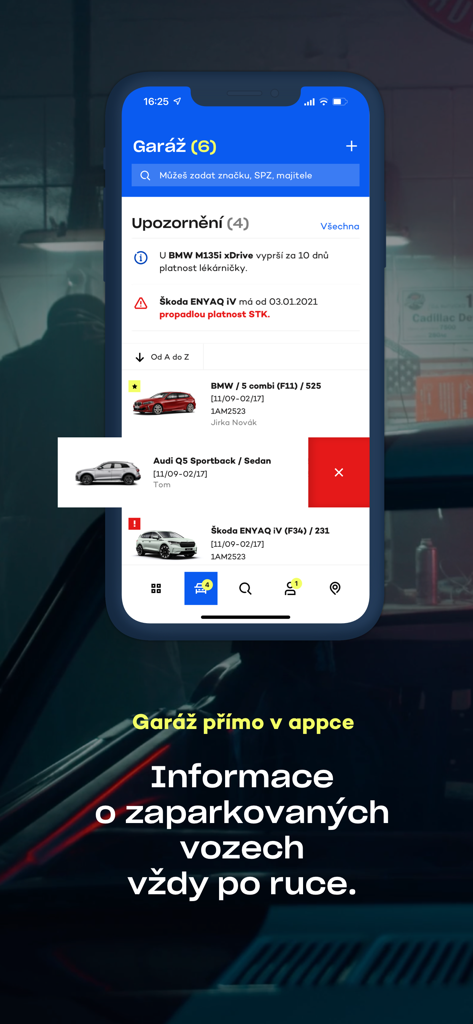 LKQ CZ - Interfaccia dell'app LKQ CZ che mostra un garage virtuale con profili auto e promemoria di manutenzione