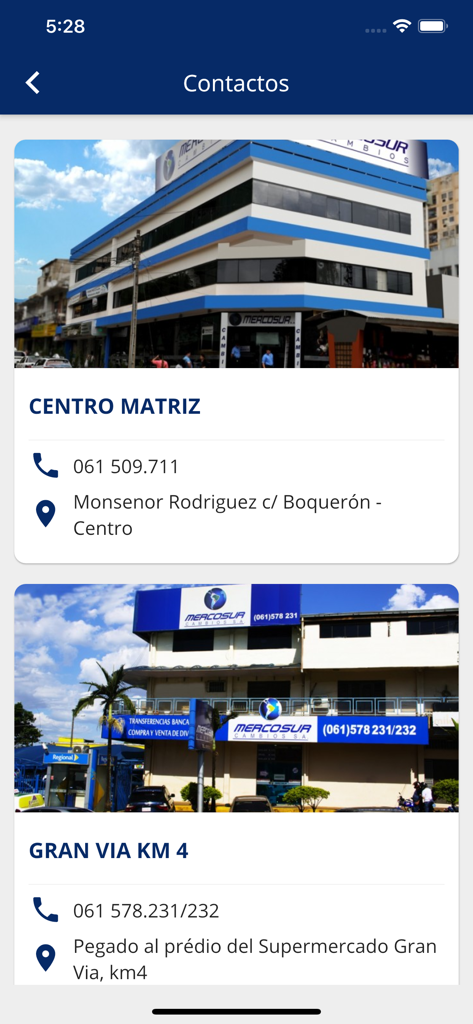 Mercosur Cambios SA - Kontaktaufnahme-Bildschirm mit physischen Niederlassungsorten und Telefonnummern für den Währungsumtausch von Mercosur Cambios SA