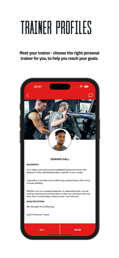 Everyone Active PT - Uma página de perfil de personal trainer no aplicativo Everyone Active PT mostrando um perfil e qualificações do treinador.