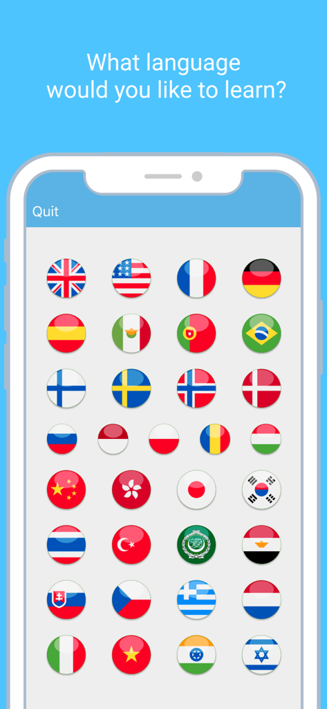 A mobile screen showing various national flags to choose a language to learn in the LinGo Play app