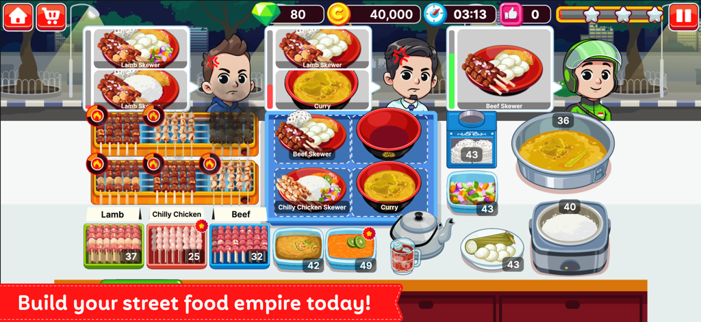 Street Grill Tycoon - Gameplay screen of Street Grill Tycoon showing customers ordering various meat skewers and curry dishes from a street food stall.