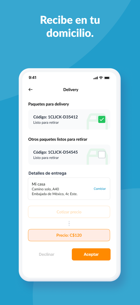 1Click Nicaragua - Interface of the 1Click Nicaragua app showing package delivery details and shipping cost