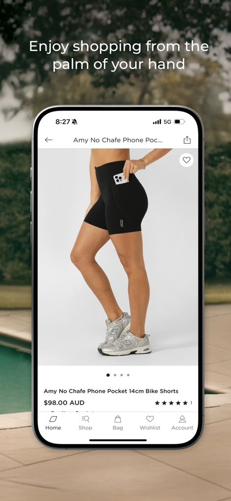 Lorna Jane app displaying black bike shorts with a phone pocket on a smartphone screen