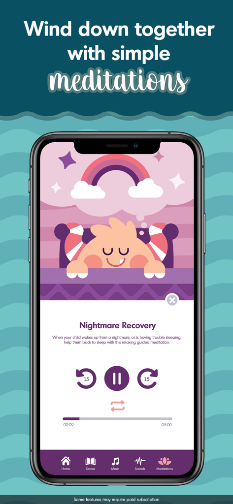 Pantalla de meditación guiada para la recuperación de pesadillas en la aplicación Cuentos y Sonidos para Dormir de Budge.