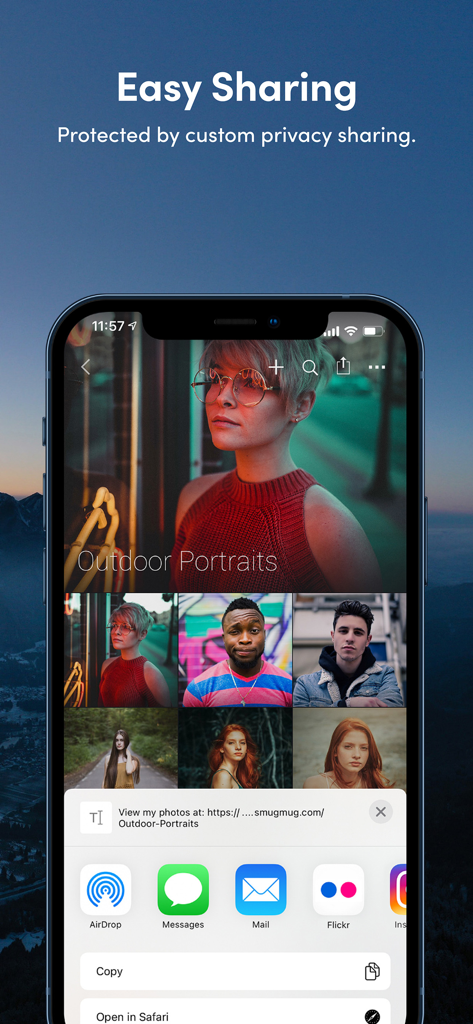 SmugMug App-Oberfläche, die das einfache und sichere Teilen von Fotos aus einer professionellen Porträtgalerie demonstriert.