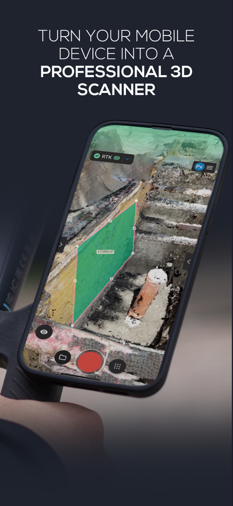PIX4Dcatch: 3D scanner - iPhone screen displaying the PIX4Dcatch app interface while performing a 3D scan and area measurement on an excavation site