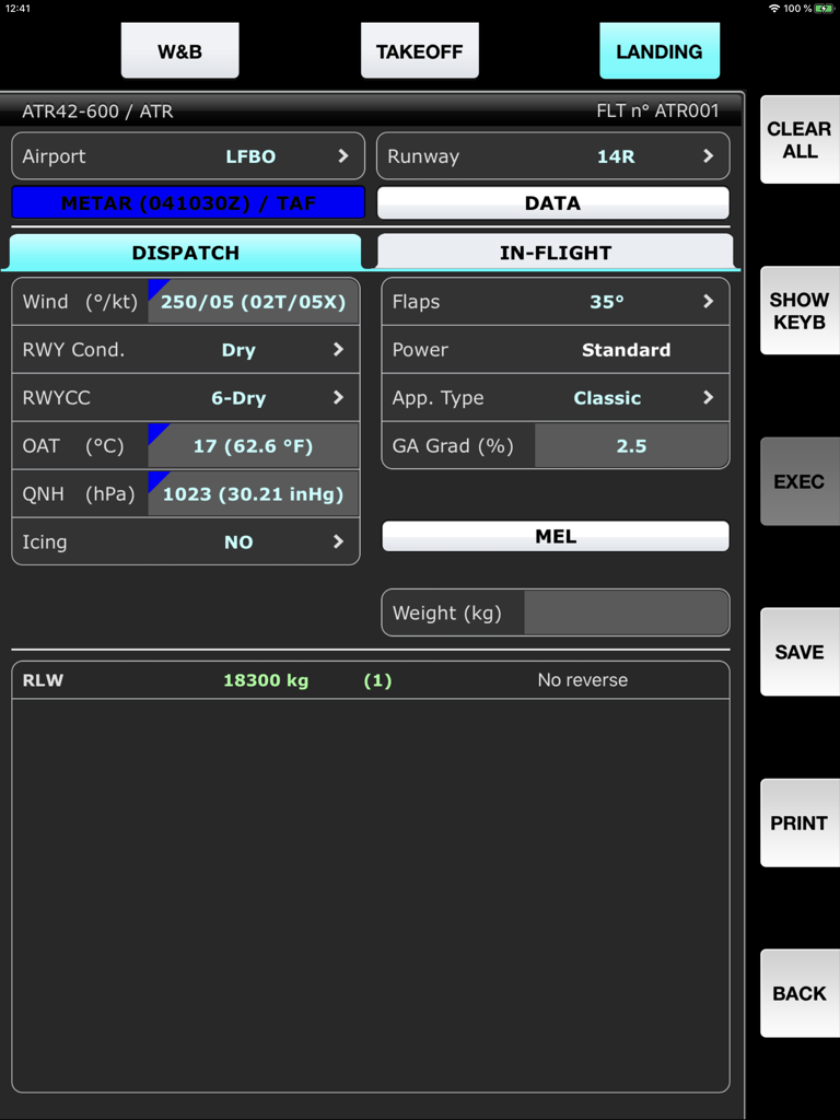 SPS - ATR aircraft performance - Landing performance calculation screen for ATR aircraft showing weather and runway data