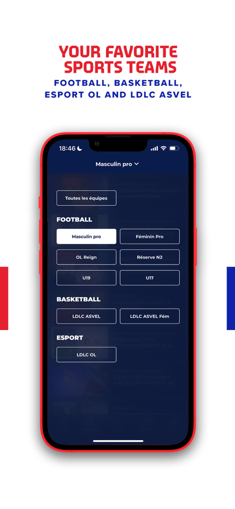OLPLAY - Olympique Lyonnais - Olympique Lyonnais App mit Menüauswahl für Fußball-, Basketball- und E-Sport-Teams