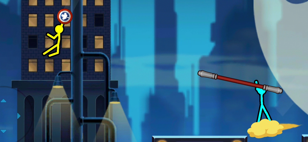 Stickman Clash Mobile - Two stickman warriors fighting in a night city scene with one on a flying cloud using a staff and the other using a shield